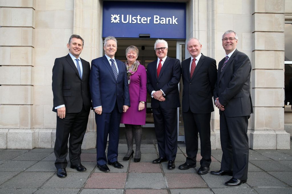 Pictured at Ulster Bank Customer Contact Centre in Danesfort, where the jobs will be located, are (l-r): Les Matheson, Chief Executive Personal & Business Banking, RBS;  First Minister Rt Hon Peter Robinson MLA; Ellvena Graham, Head of Ulster Bank Northern Ireland; Ulster Bank Chief Executive Jim Brown; deputy First Minister Martin McGuinness MLA and Richard Donnan, Managing Director, Retail Banking, Ulster Bank. Picture by Kelvin Boyes / Press Eye